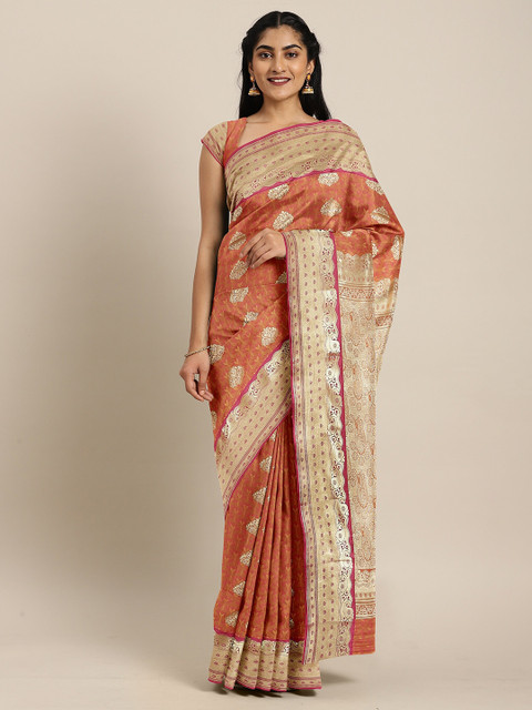 

The Chennai Silks Orange & Gold-Toned Ethnic Motifs Zari Art Silk Saree