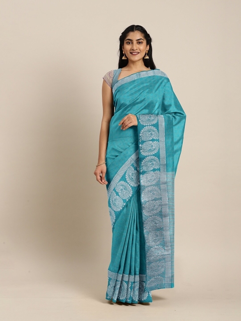 

The Chennai Silks Turquoise Blue & Silver-Toned Ethnic Motifs Jute Cotton Saree