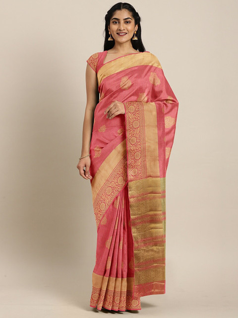 

The Chennai Silks Pink & Gold-Toned Ethnic Motifs Zari Jute Cotton Saree