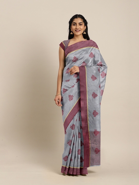 

The Chennai Silks Grey & Maroon Floral Zari Jute Cotton Fusion Saree