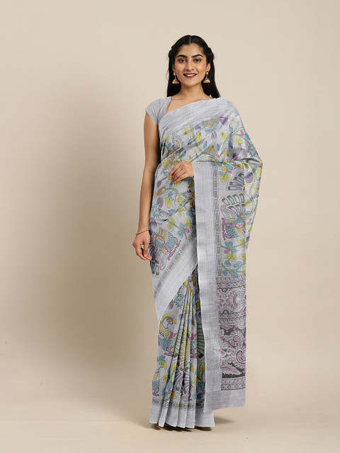 

The Chennai Silks Off White & Purple Ethnic Motifs Zari Pure Cotton Fusion Chanderi Saree