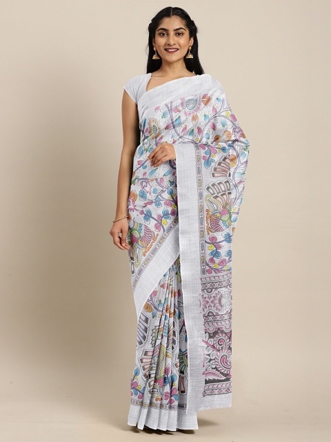 

The Chennai Silks Off White & Blue Ethnic Motifs Pure Cotton Fusion Chanderi Saree