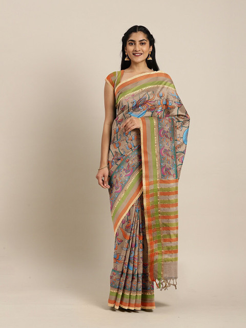 

The Chennai Silks Beige & Blue Ethnic Motifs Zari Pure Cotton Chanderi Saree