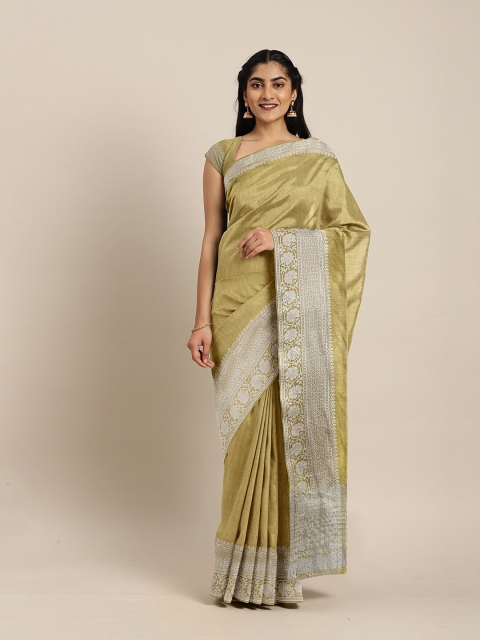 

The Chennai Silks Olive Green & Silver-Toned Floral Zari Jute Cotton Saree