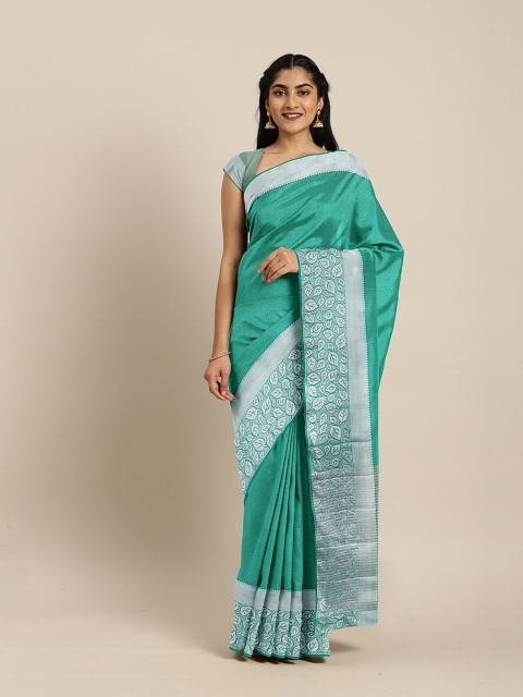 

The Chennai Silks Green & Silver-Toned Floral Jute Cotton Saree