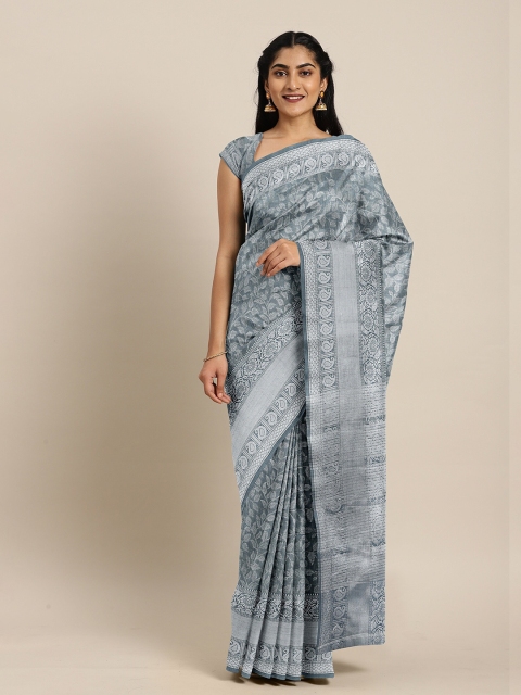 

The Chennai Silks Grey & Silver-Toned Floral Zari Jute Cotton Saree