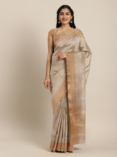 

The Chennai Silks Brown & Silver-Toned Floral Embroidered Jute Cotton Fusion Saree