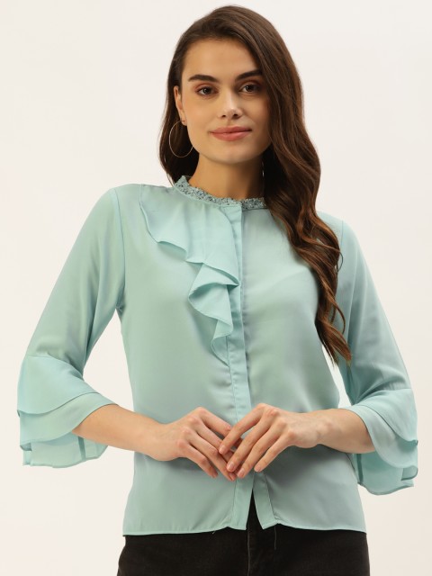 

Madame Women Sea Green Solid Mandarin Collar Top With Ruffle Details