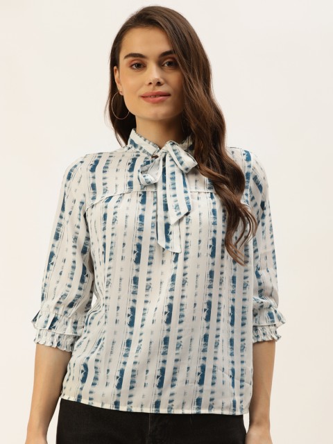 

Madame Women White & Blue Striped Dyed Effect Tie-Up Neck Top