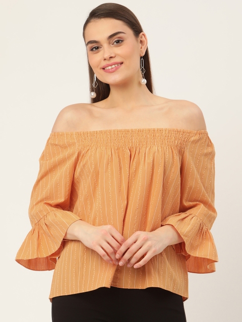 

Madame Orange Pure Cotton Striped Off-Shoulder Bardot Top
