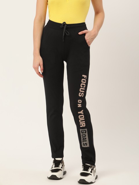 

Madame Women Black Pure Cotton Typography Printed Track Pants