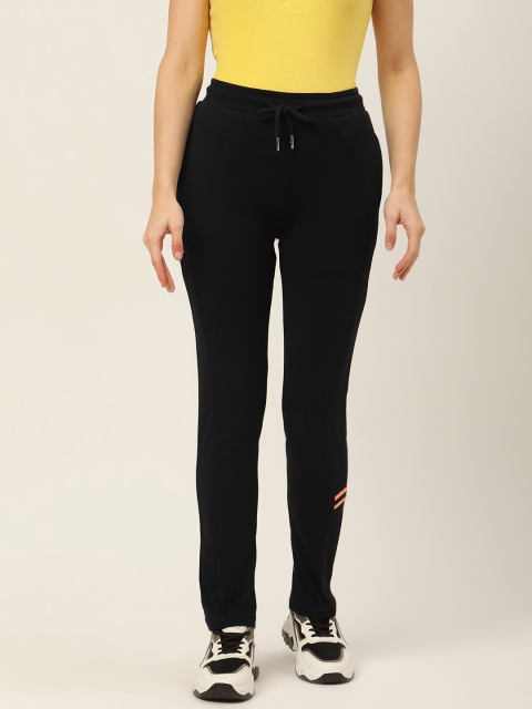 

Madame Women Black Brand Logo Printed Track Pants