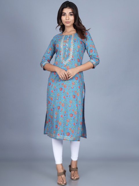 

Swasti Women Blue Floral Printed Straight Cotton Kurta