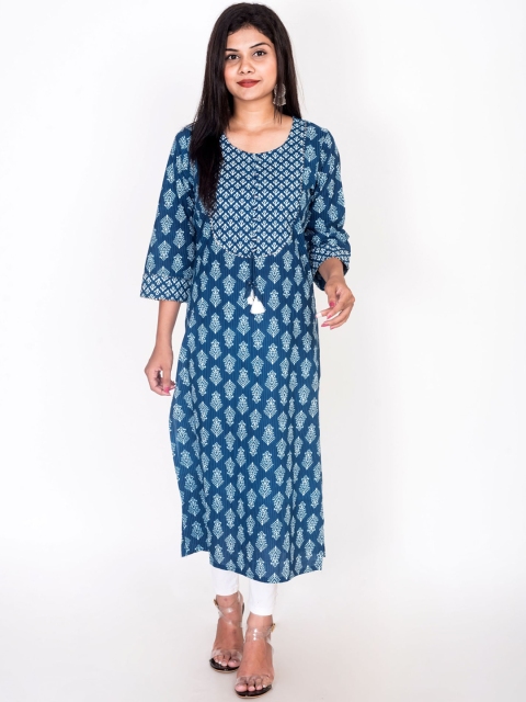 

Swasti Women Blue Cotton Geometric Printed Flared Sleeves Floral Anarkali Kurta