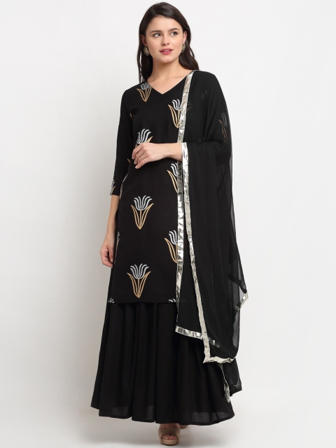 

The Mini NEEDLE Women Black Floral Printed Kurta with Skirt & With Dupatta