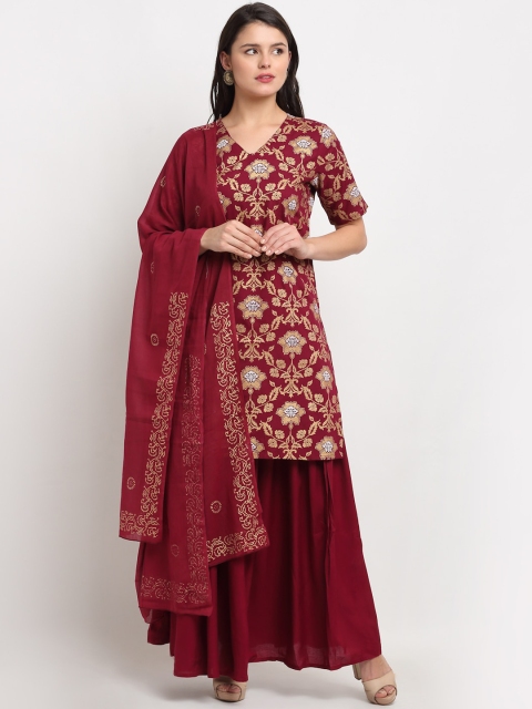 

The Mini NEEDLE Women Maroon Floral Printed Kurti with Skirt & With Dupatta