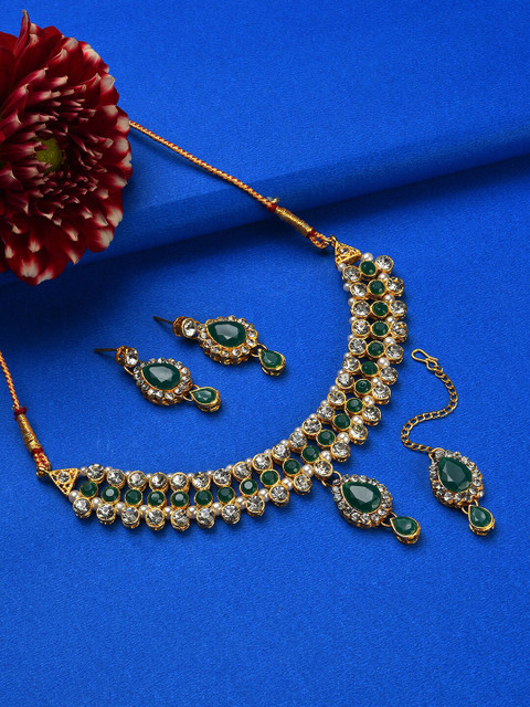 

SOHI Gold-Plated White & Green Stone-Studded Jewellery Set