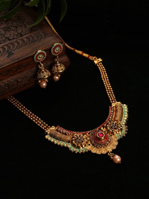 

SOHI Gold-Plated Red & Peach-Toned Stone-Studded & Beaded Meenakari Jewellery Set