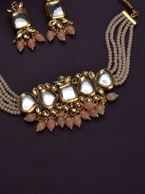 

SOHI Gold-Plated White Kundan-Studded Peach Beaded Jewellery Set