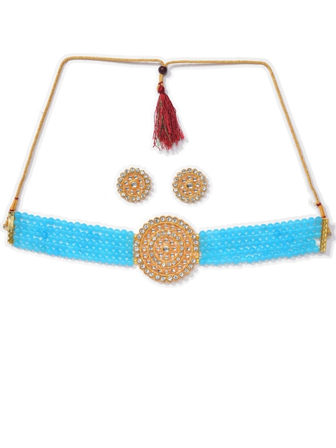 

SOHI Gold-Plated White & Blue Stone-Studded & Beaded Jewellery Set