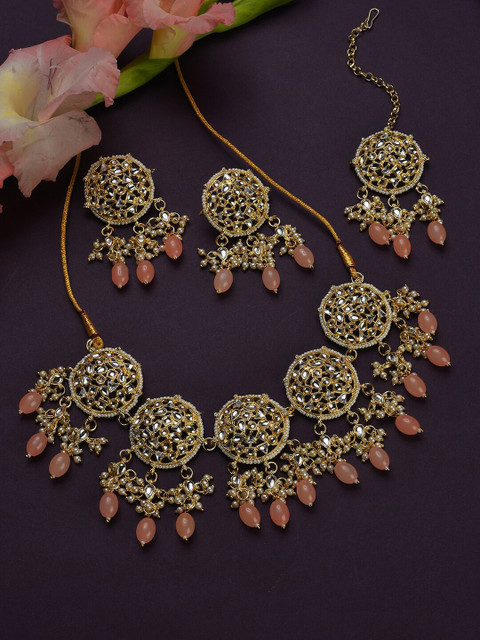 

SOHI Gold-Plated White Kundan-Studded Peach Beaded Jewellery Set