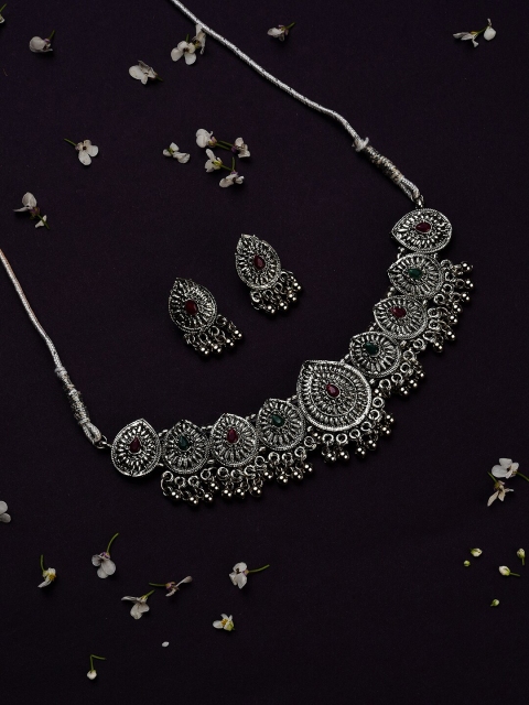 

SOHI Silver-toned & Pink Silver Plated Jewellery Set