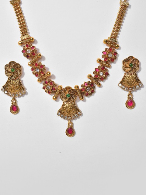 

SOHI Gold-Plated White & Pink Stone-Studded & Beaded Jewellery Set