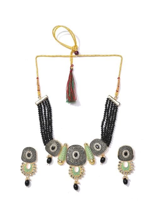

SOHI Gold-Plated Black & White Kundan-Studded & Beaded Jewellery Set