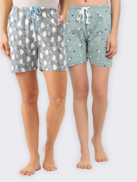 

Kanvin Women Pack of 2 Grey & Sea Green Printed Pure Cotton Lounge Shorts