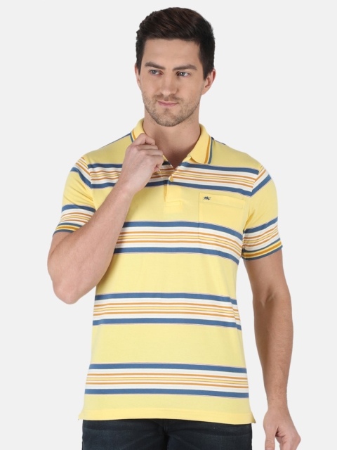 

Monte Carlo Men Yellow & Blue Striped Polo Collar Pockets Cotton T-shirt