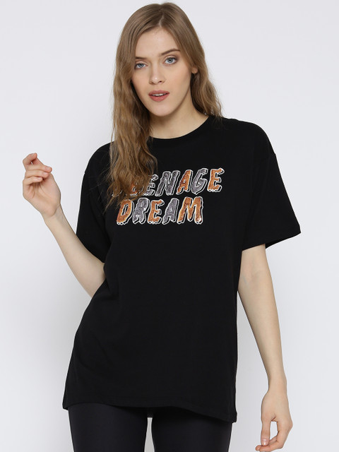 

FOREVER 21 Women Black Printed Embellished Round Neck T-shirt