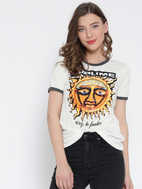 

FOREVER 21 Women White Printed Round Neck T-shirt