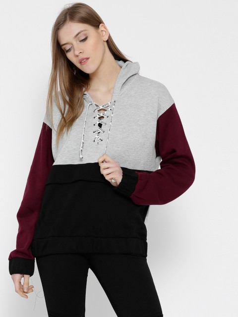 

FOREVER 21 Grey Melange & Black Colourblocked Hooded Sweatshirt