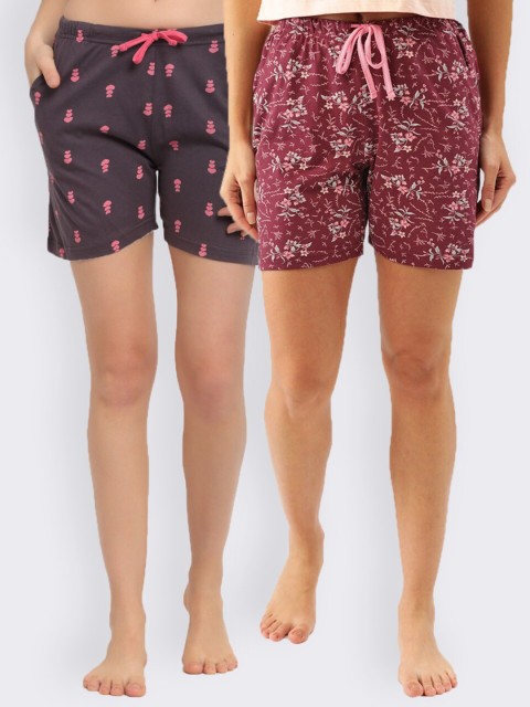 

Kanvin Women Pack Of 2 Maroon & Purple Printed Cotton Lounge Shorts