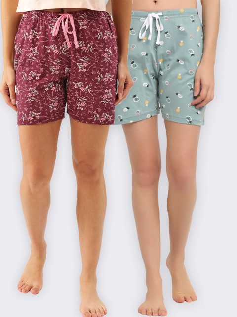 

Kanvin Women Pack Of 2 Maroon & Sea Green Printed Pure Cotton Lounge Shorts