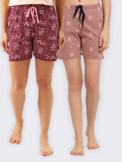 

Kanvin Women Pack of 2 Printed Pure Cotton Lounge Shorts, Maroon