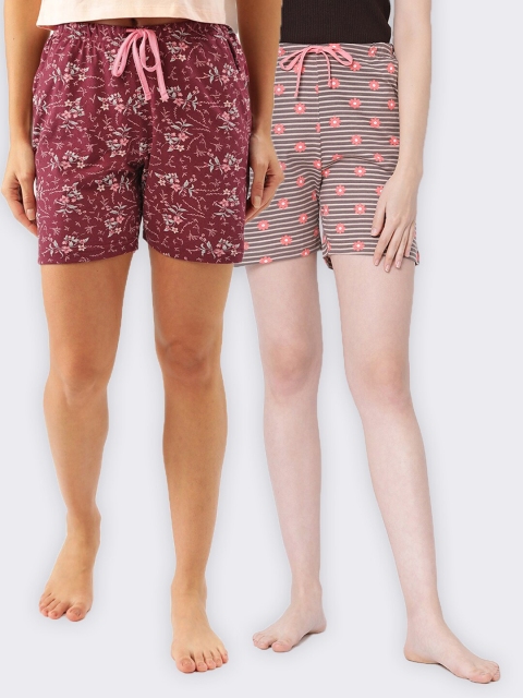 

Kanvin Women Pack Of 2 Maroon & Brown Printed Cotton Lounge Shorts