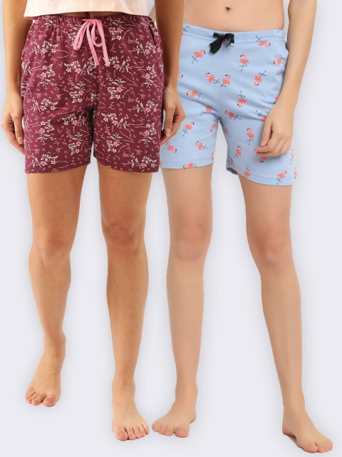 

Kanvin Women Pack Of 2 Maroon & Blue Printed Cotton Lounge Shorts