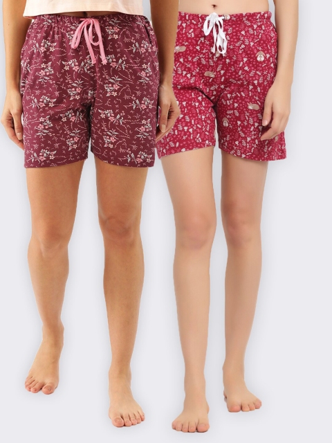 

Kanvin Women Pack Of 2 Maroon & Red Printed Pure Cotton Lounge Shorts