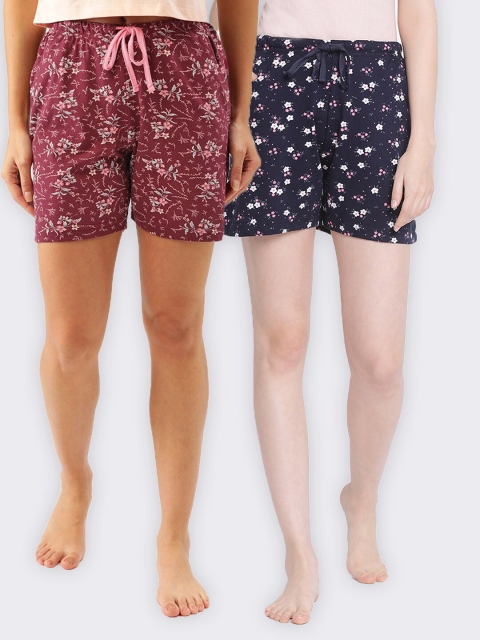 

Kanvin Women Pack Of 2 Maroon & Navy Blue Printed Cotton Lounge Shorts