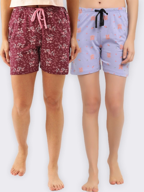

Kanvin Women Burgundy & Lavender Set Of 2 Printed Cotton Lounge Shorts