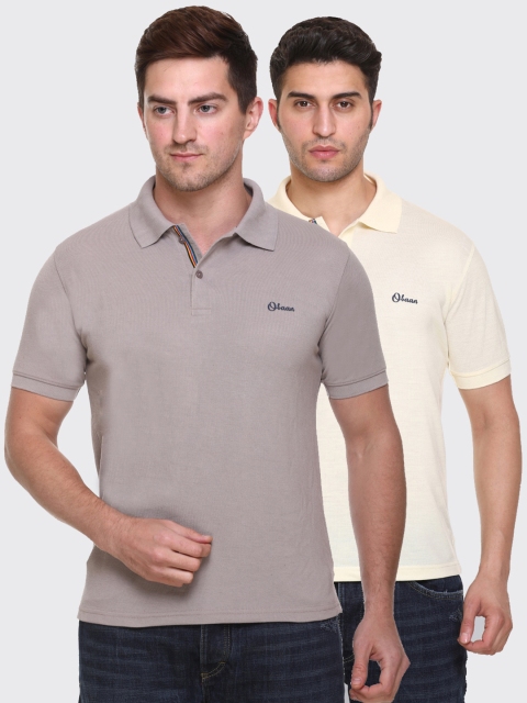 

Obaan Men Grey & Yellow Set Of 2 Polo Collar Cotton Blend T-shirts