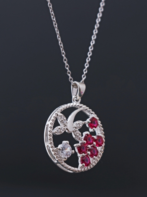 

HIFLYER JEWELS Silver-Plated & Pink Cubic Zirconia -Studded Pendant With Chain