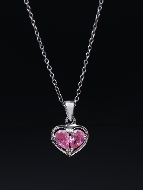 

HIFLYER JEWELS Rhodium-Plated Silver-Toned & Pink Stone-Studded Pendant With Chain