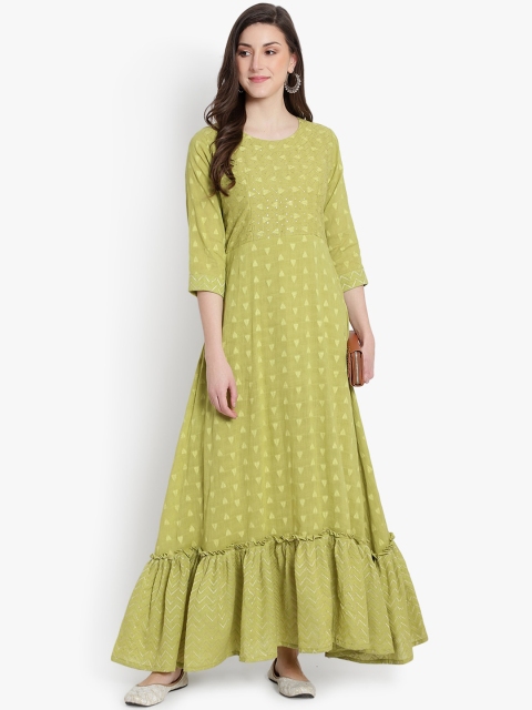 

heemara Women Olive Green Ethnic Motifs Embroidered Anarkali Kurta