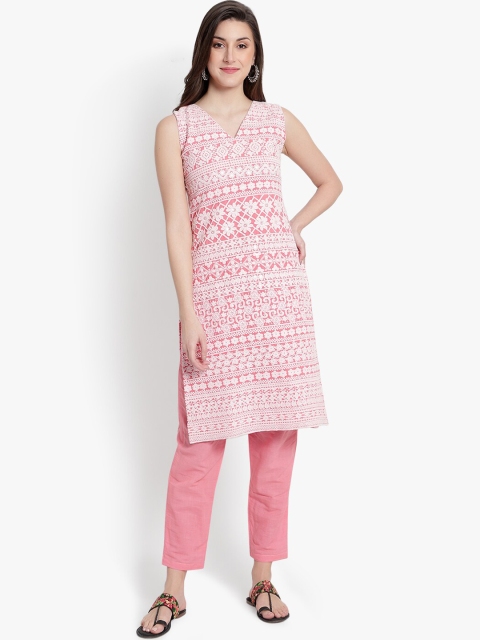 

heemara Women Peach-Coloured Ethnic Motifs Embroidered Pure Cotton Kurta Set