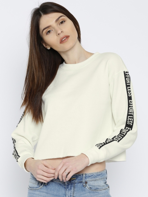 

FOREVER 21 Women Cream Solid High Neck Crop T-shirt