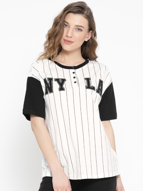 

FOREVER 21 Women White & Black Striped Henley T-shirt