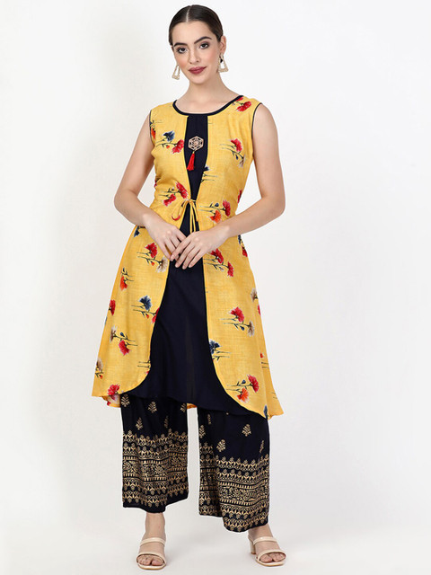 

V2 Value & Variety Mustard Yellow & Black Floral Printed Gotta Patti Gotta Patti Panelled Kurti