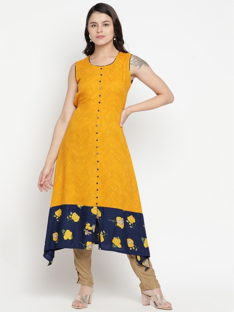 

V2 Value & Variety Women Mustard Yellow & Blue Ethnic Motifs Printed Kurta